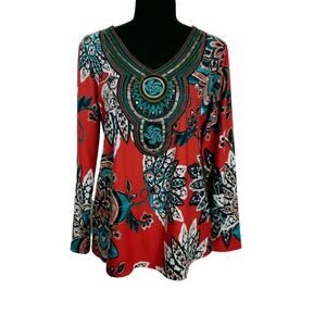 MELISSA PAIGE BEADED EMBROIDEDRED WOMEN'S S/P FLORAL V NECK LONG SLEEVE TOP BOHO